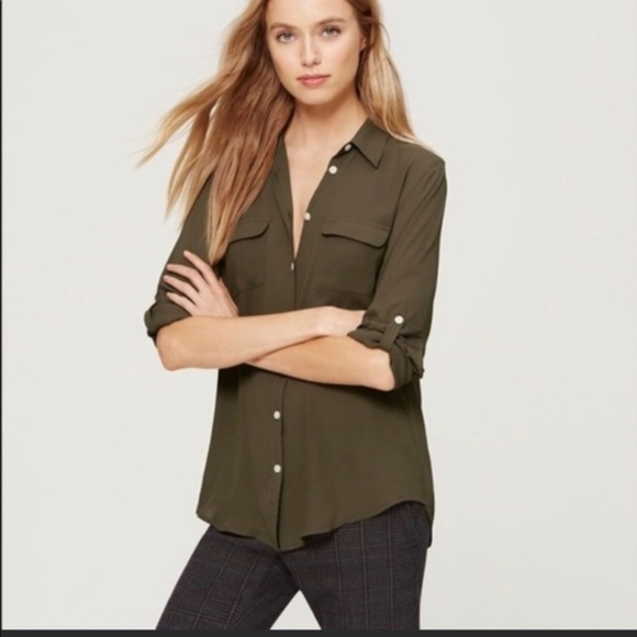 LOFT Tops - Ann Taylor Loft Army Green Button Up Shirt size MP